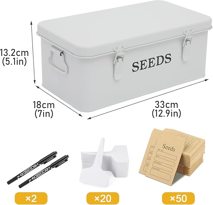 Seed Storage Organizer 4 Compartment Seed Storage Box with Safety Lock Metal Seed Box Container with 2 Pens 20 Plant Labels and 50 Seed Envelopes for Seed Packet &amp Small Garden Tool White