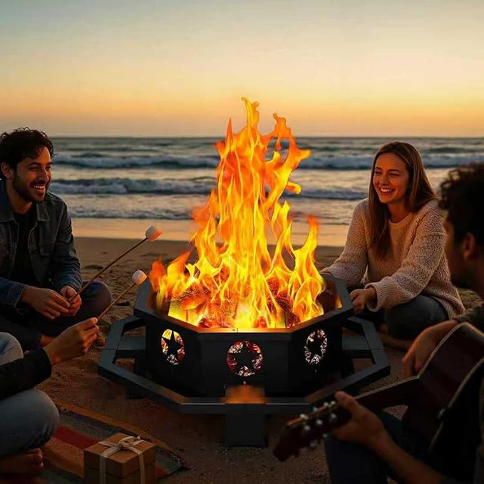 45 Inch Fire Pit for Outside Wood Burning Outdoor Octagonal Fire Pit with Poker Large Firepit for Camping Backyard Patio Black