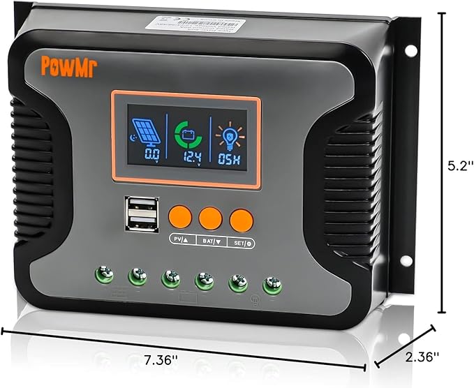 PowMr 30A 12V/24V/36V/48V PWM Solar Charge Controller w/ LCD Display USB Port for AGM Gel Flooded and Lithium Batteryfor RVs YachtsOff-Gird Max PV 100VDC360W-1440W Off-Gird Solar Controller