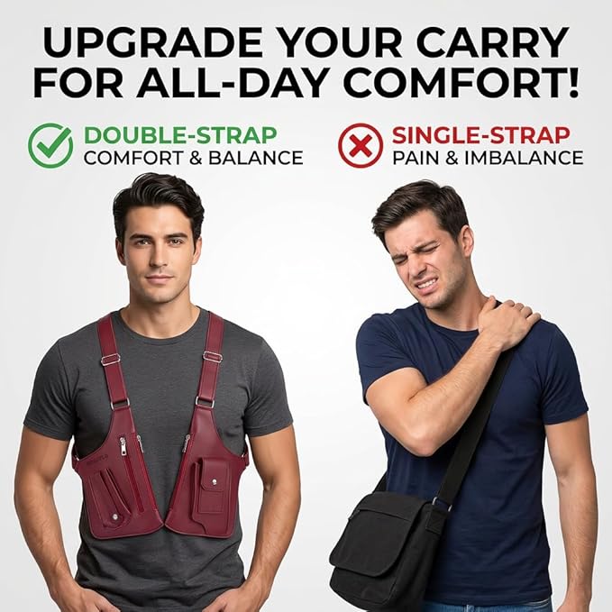 Leather Double Shoulder Armpit Bag for Men Underarm Concealed Rover The Holste Vest for Mens Adjustable Leather Bag (Burgundy)