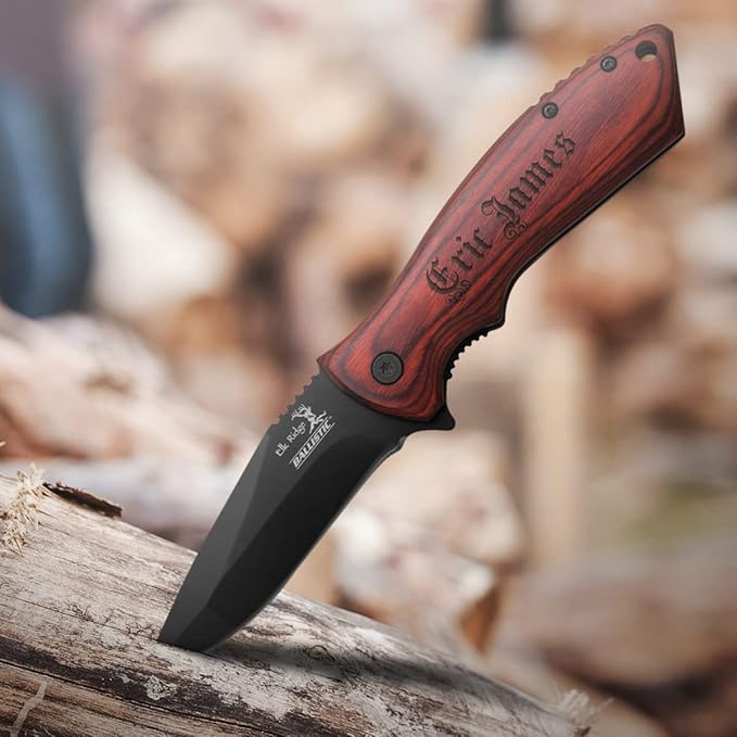 Sofia's Findings Personalized 7.75 Spring Assisted Folding Knife with Wood Handle