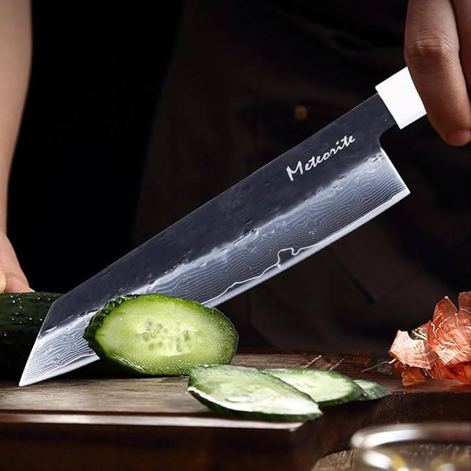 Meteorite Kiritsuke Japanese Multi-Task Knife For Slicing &amp Dicing Prep Hand-Hammered Midnight Damascus Convex Grind Edge Olive Wood Handle – Pro Gift IceRaven 8 Inch