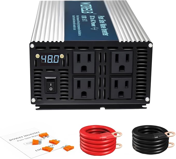 WZRELB 2000W Pure Sine Wave Inverter 48V DC to 110V 120V AC Power Converter with LED Display Off-Grid Portable Power Inverter with 4 AC Outlets for Home RV Truck Camping