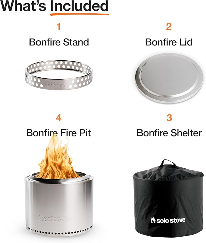 Solo Stove Bonfire Amazon Exclusive | Smokeless Fire Pit Bundle with Stand Lid Shelter &amp Ash Pan | Ideal for 4–6 People | Stainless Steel Wood Burning Camping Pit – 19.5 Wide 34lbs