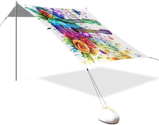 ALAZA Music Notes Guitar Beach Tent Sun Shelter UPF50+ Protection Beach Shade Canopy w/ 4 Sandbags for Outdoor Camping Fishing Backyard Fun Picnic 10x9 ft