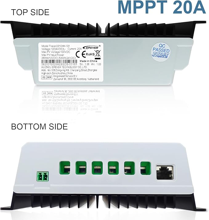 EPEVER 20A MPPT Solar Chagre Controller 12V 24V Auto Max PV 100V Solar Panels Power 260W/520W Charger Regulator Tracer2210AN-G3 for Lead Acid Lithium Battery
