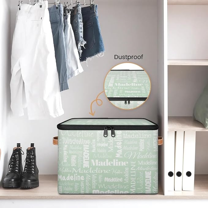 Custom Storage Basket with Name Personalized Keepsake Box with Zipper Lid Foldable Fabric Memory Bin Large capacity with Handle Green