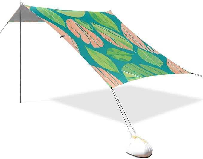 Beach Canopy with Windproof Ropes &amp Sandbags Beach Tent Sun Shade Sun Shelter for Camping Trips Fishing Backyard Fun or Picnics Leaf