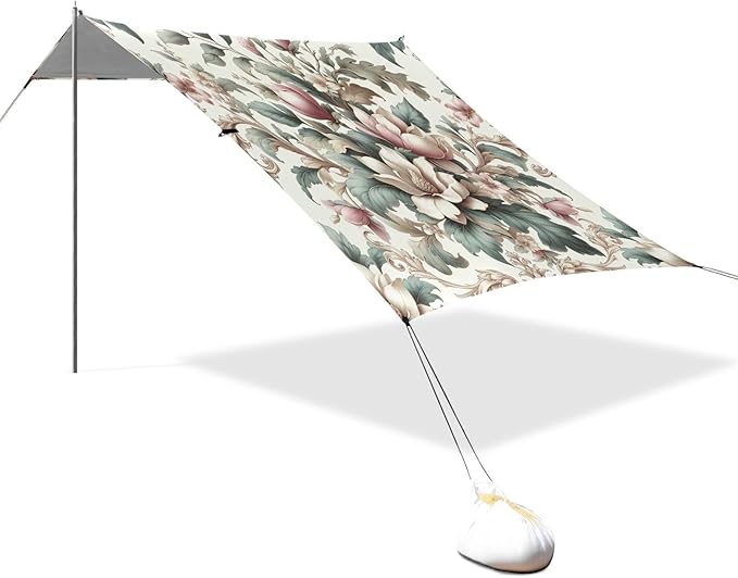 Retro Magnolia Flowers Beach Tent Sun Shelter Set UPF50+ UV Protection 10.5 x 9.19 FT Camping Shade Canopy with Sandbags Sand Anchors Carrying Bag and Others