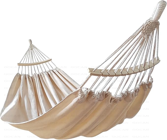 GOCAN Double Hammock 2 Person Extra Large 86inx59in Total Length 129in Load 500lb Canvas Cotton Hammock for Patio Porch Garden Backyard Lounging Outdoor and Lndoor with Removable Spreader Bar