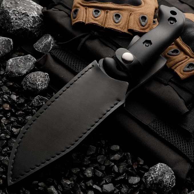 Tactical Fixed Blade Hunting Knife Black Fiber Handle 6.3-Inch Blade with Leather Sheath Moisture-Proof Non-Slip Grip 11.8-Inch Full LengthGifts for Father and Boyfriend Hand Tools Durable and