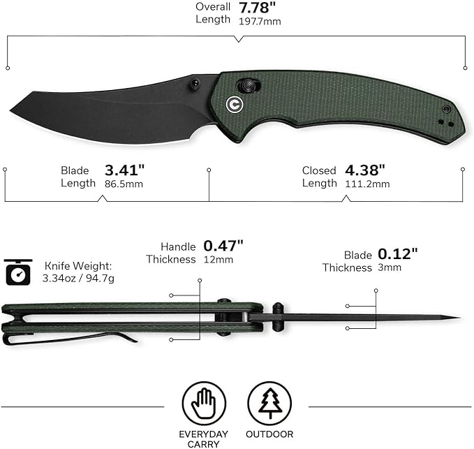 CIVIVI Sixgill Folding Pocket Knife for EDC 3.41'' Nitro-V Blade Micarta Handle Deep Carry Reversible Clip Gift for Men Women C24050-3 (Green)