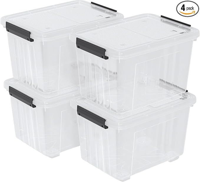 50 L Plastic Lidded Storage Bin 4 Pack Clear Latching Storage Box with Wheels