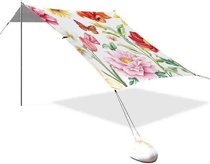 Sunflowers Camellia Peony Lilies Foldable Beach Tent UPF50+ Protection Water-Resistant Portable Sun Shelter with Sturdy Poles Sandbags and Shovel for Backyard and Camping