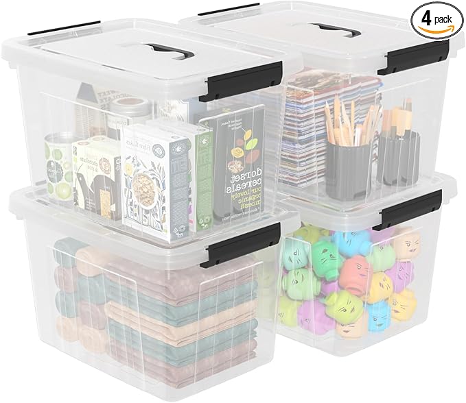 4-Pack Latching Box with Handle 20L Clear Plastic Storage Bins with Lid