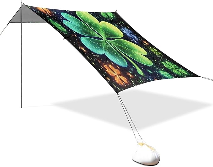 St Patrick's Clovers Glowing Beach Tent Sun Shelter Set UPF50+ UV Protection 10.5 x 9.19 FT Camping Shade Canopy with Sandbags Sand Anchors Carrying Bag and Others