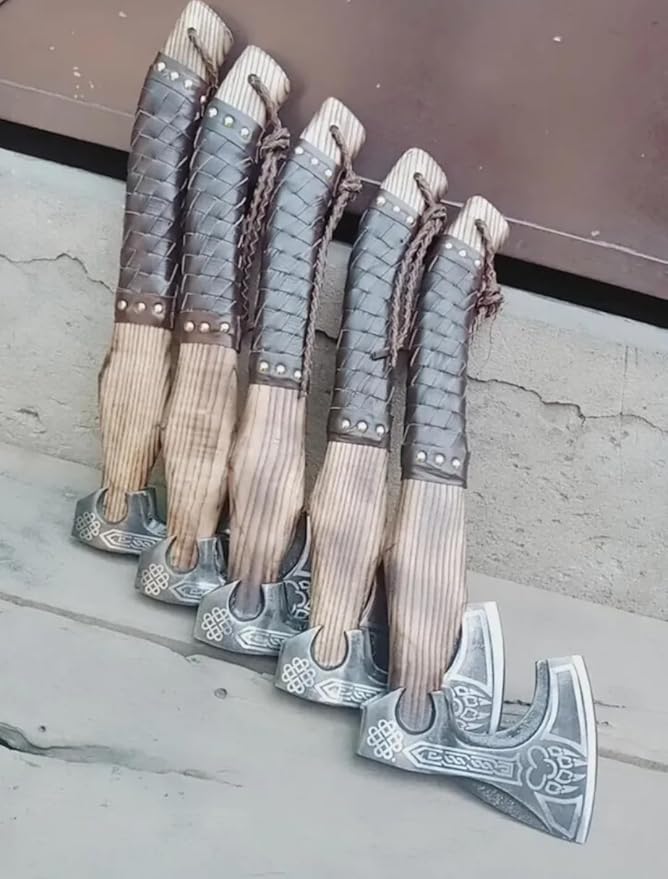Generic Set of 5 Hunting Axe Handmade Carbon Steel Viking Axe with Leather Sheath Hatchet Custom Bearded Axe Battle Ready Axe by Empire Industry Gray