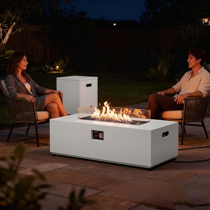 42 Propane Fire Pit Table Set with Tank Holder Rectangle 2-Piece Outdoor Firepit Wind Guard Lid Glass Stones and Cover