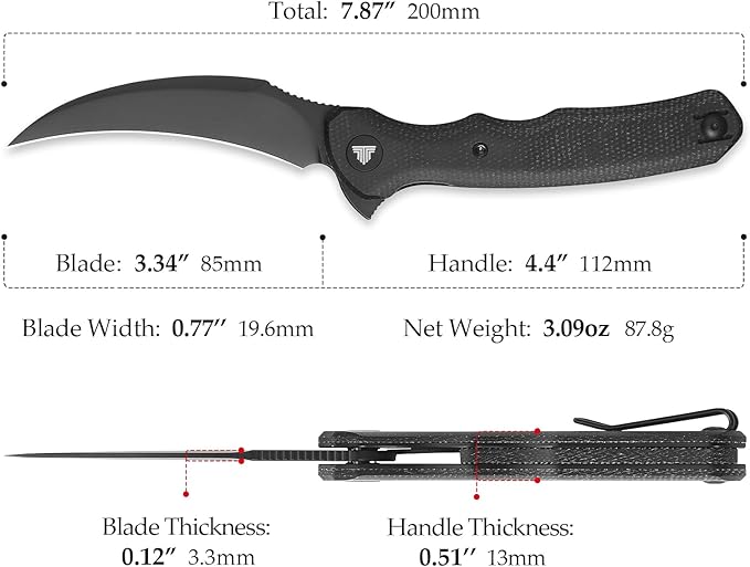 TRIVISA knives - Lacerta-04B |Hawkbill EDC Pocket Flipper Knife for Men Folding Pikal Knife with Reversible Wire Clip 3.34 PVD Blackwash 14C28N Steel Blade &amp Micarta Handle