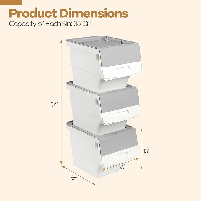Giantex Plastic Stackable Storage Bins with Lids &amp Wheels 3 Pack Open Front Stacking Bins Organizer Bins for Pantry Kitchen Laundry Closet Playroom Bedroom Organization (35 QT)