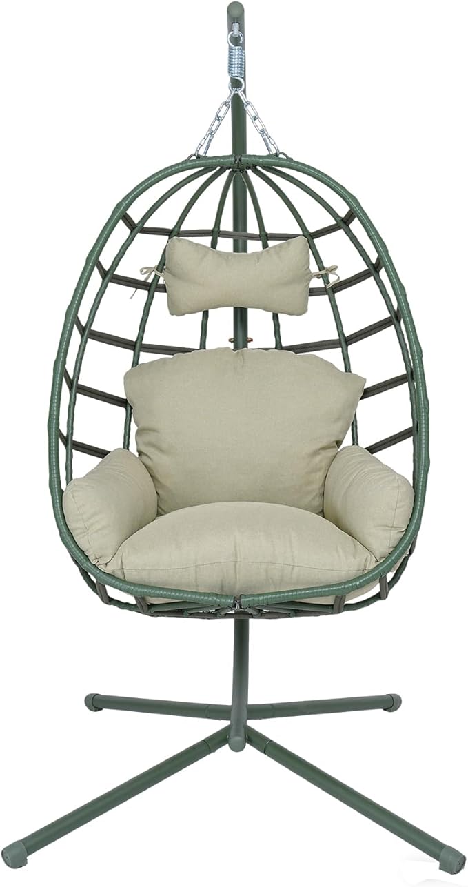 Hanging Egg Chair with Stand Outdoor Indoor Patio Rattan Swing Hammock Chairs with Washable Cushion 350lbs Capacity PE Wicker Swing Chair for Backyard Bedroom Garden (Dark Green + Cyan Cushion)