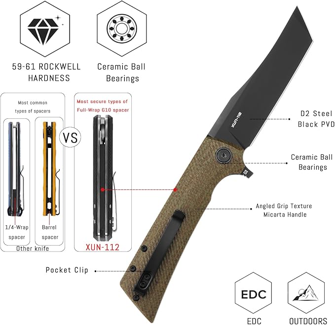 XUN112-GMB Folding EDC Knife with Flipper Open3.55 Inch D2 Steel PVD Tanto Plain Edge BladeMicarta with ClipEveryday Carry Pocket Knife for Men/Women