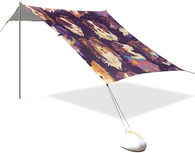 Cute Sheepdog Dogs Beach Tent UPF50+ Lightweight Sun Shelter Includes Sand Shovel Sandbags Stability Poles for Camping Fishing Backyard Fun