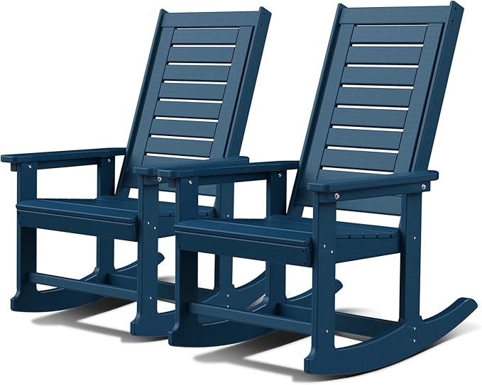 GREENVINES Outdoor Rocking Chairs | Set of 2 | Porch Rocker | HDPE Plastic | Blue | Oversized Rockers | High Back | Big &amp Tall | Ladder Back | for Patio Outside Backyard Balcony Garden