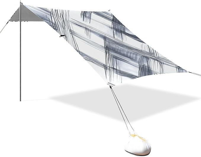 Silver Checked Hand-Drawn Sketch Beach Tent &amp Canopy UPF50+ Protection Easy Setup Shade Sun Shelter with Sandbags &amp Sand Shovel for Backyard and Camping