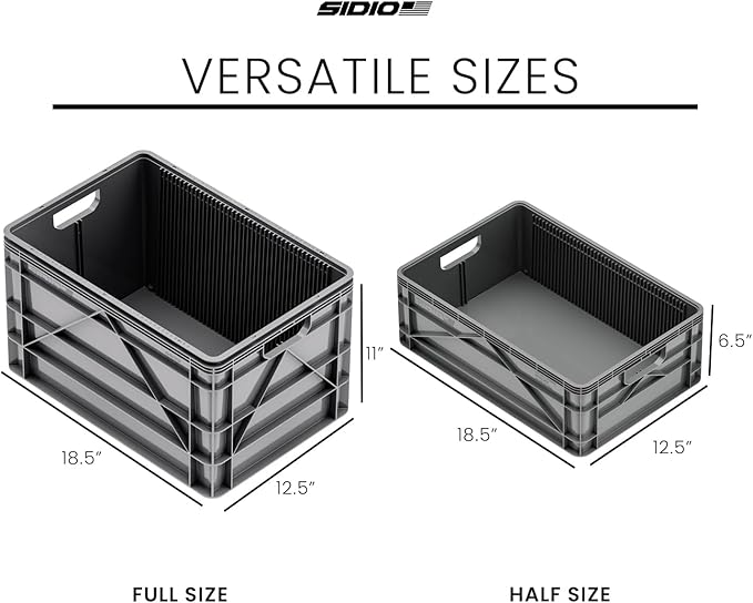 SIDIO Crate Basic Pack - 2 Full-Size &amp 1 Half-Size Heavy Duty Stackable Storage Bins Totes and Containers with Dividers - Durable Plastic Organizer for Home Office Garage and Outdoor Use Gray
