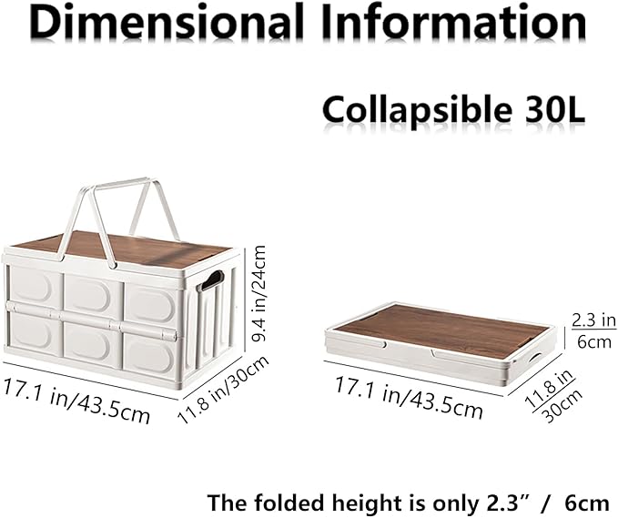 VPTMRP Collapsible Storage Bin with Handles and Wooden Lid Large Capacity Stackable Utility Crates Holds 33lbs for Outdoor Home Storage Organizing Moving (30L/7.9Gal)
