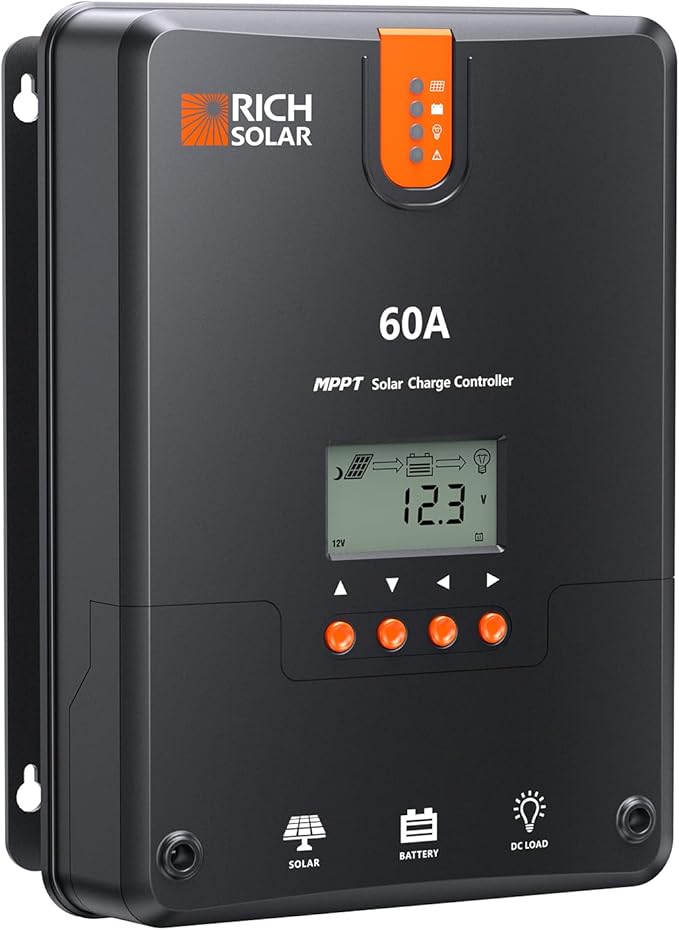 RICH SOLAR 60A MPPT Solar Charge Controller – High-Efficiency 12V/24V/36V/48V Auto Detection 99% Tracking Rugged Design for RVs Boats &amp Off-Grid Systems