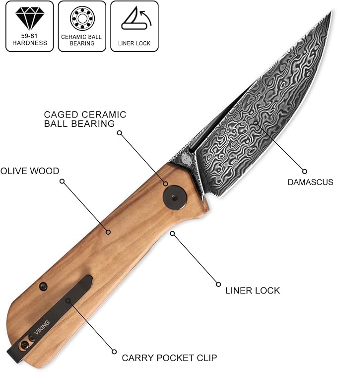 Petrified fish Pocket Knife PFP07 Viking 3.62 Damascus Steel Blade 3.95oz Olivewood Handle Front Flipper Liner lock Folding knife (Olivewood &amp Damascus Steel)