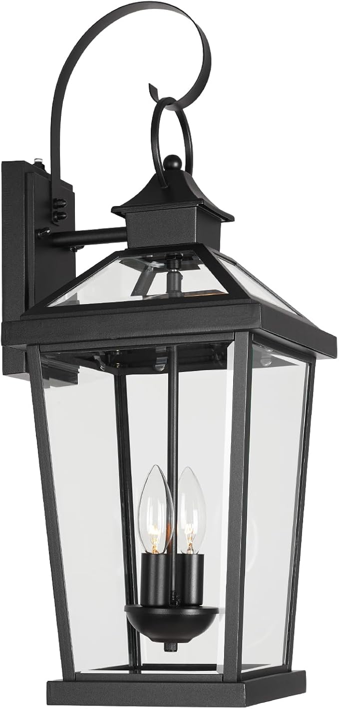 JYZ Dusk to Dawn Outdoor Wall Sconce 24 Inch Waterproof Exterior Wall Lantern with Textured Glass 2-Light Anti-Rust Classic Porch Light for Front Door Garage Patio Yard JYOWL06-BK-L
