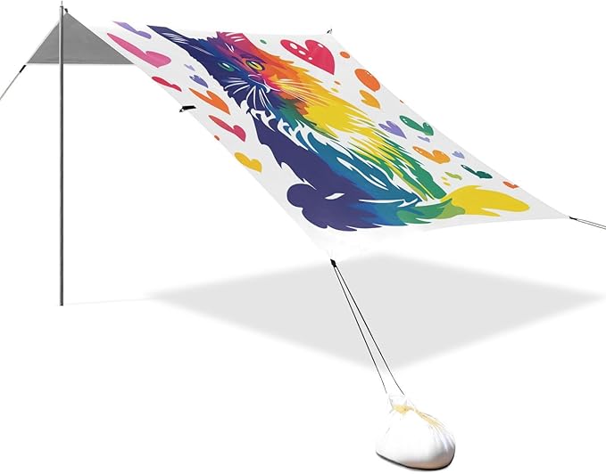 Rainbow Cat Heart Foldable Beach Tent UPF50+ Protection Easy Setup Portable Sun Shelter with Sandbags &amp Sand Shovel for Backyard and Camping