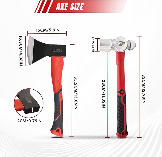 2-Piece Outdoor Axe and 2lb Ball Peen Hammer Set 13.8 Camping Hatchet with Forged Steel Blade &amp Heavy Duty Metal Hammer for Wood Splitting Metalworking Bushcraft DIY &amp Survival Tasks