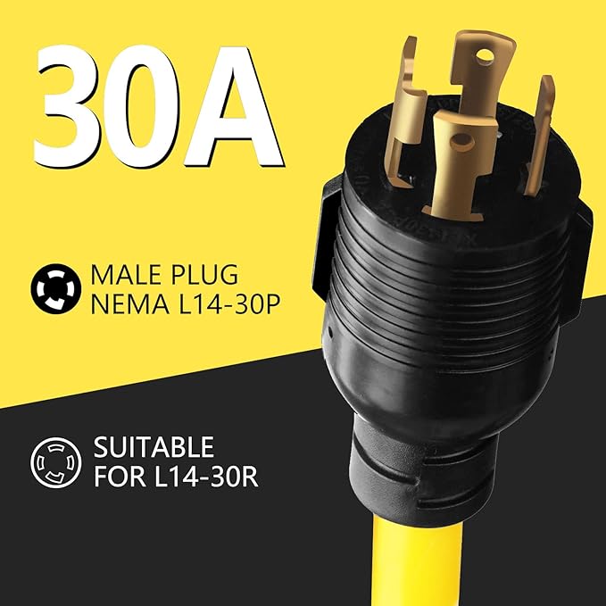 30 Amp to 20 Amp Adapter 1.5FT Locking 4 Prong L14-30P to 3X 5-20R/5-15R Adapter with Circuit Breaker 10/4 AWG Generator Power Cord 125/250V Max 7500 Watts ETL Listed