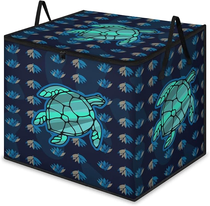 Large Sea Turtle Storage Bags with Lid XL Blanket Clothes Storage Bins Foldable Organizers Storage Containers with Handle for Comforters Bed Sheets Pillows Ocean Animal