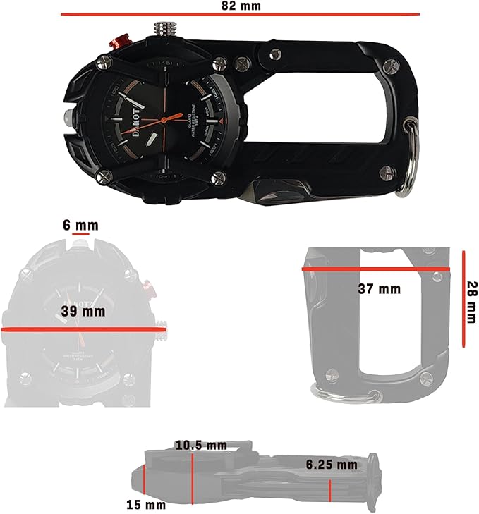 Multitool Clip Watch for Men – Black | 100ft Water Resistant Clip-On Watch with LED Light Bottle Opener Screwdriver &amp Carabiner – Outdoor Work Camping Hiking Tool