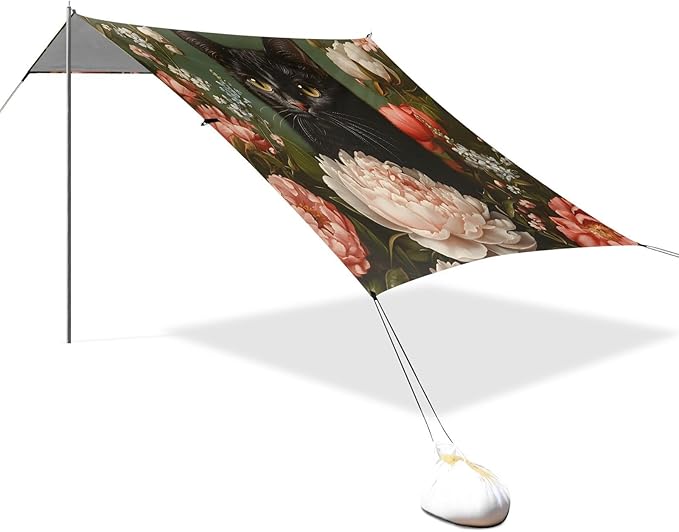 ALAZA Black Cat Peony Flowers Beach Tent Sun Shelter UPF50+ Protection Beach Shade Canopy w/ 4 Sandbags for Outdoor Camping Fishing Backyard Fun Picnic 10x9 ft