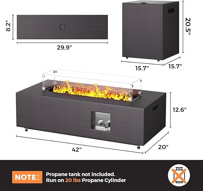 Fire Pit Table 50000 BTU 42 Rectangular Propane Fire Pit Outdoor with Wind Guard Glass Lid Rocks and Cover Gas Fireplace for Deck or Patio