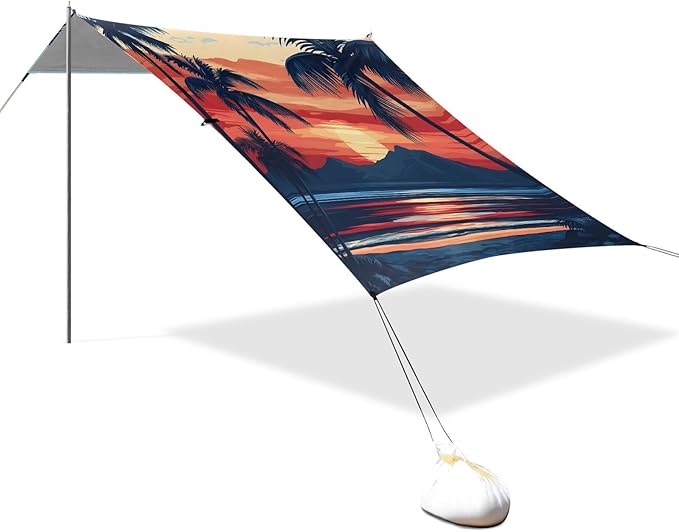 ALAZA Palm Sunset Seaside Beach Tent Sun Shelter UPF50+ Protection Beach Shade Canopy w/ 4 Sandbags for Outdoor Camping Fishing Backyard Fun Picnic 10x9 ft
