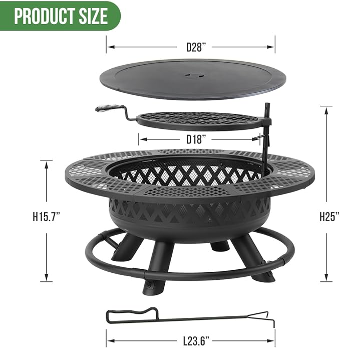 Panovue 42 Inch Outdoor Fire Pit with Grill Large Firepit Table for Outside Metal Round Firepits with Lid&ampFire Poker3 in 1 Wood Burning Fire Pits &amp Outdoor Fireplaces for BackyardPatio(42'