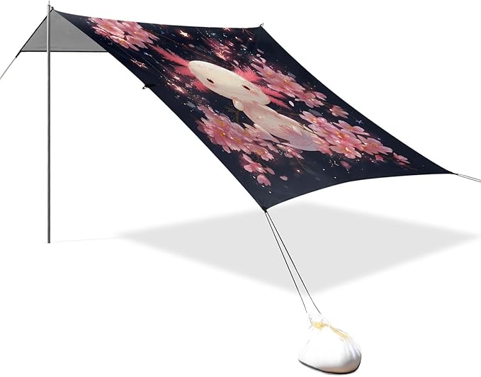 ALAZA Axolotl Cherry Blossom Beach Tent Sun Shelter UPF50+ Protection Beach Shade Canopy w/ 4 Sandbags for Outdoor Camping Fishing Backyard Fun Picnic 10x9 ft