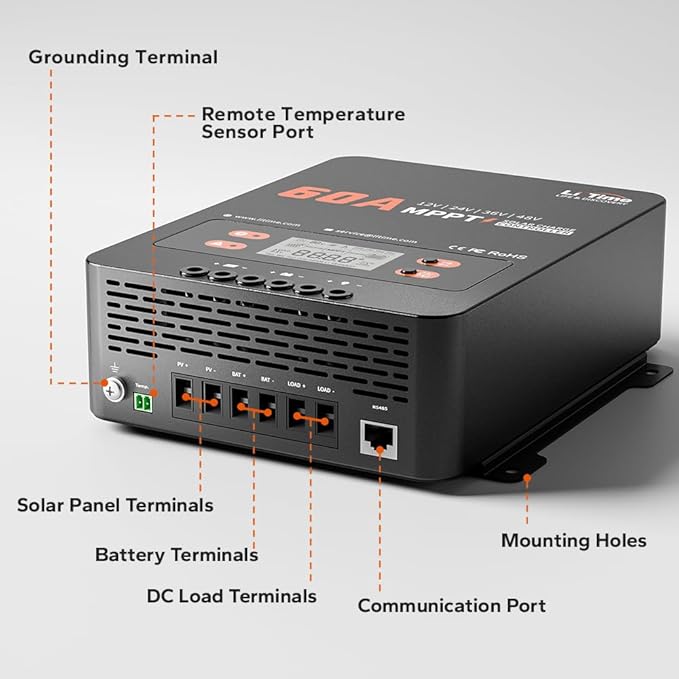 LiTime 60A MPPT Solar Charge Controller (No Build-in Bluetooth) 12V/24V/36V/48V Auto Max PV Input 200VDC LCD Display Solar Panel Regulator for LiFePO4/Lead-acid Battery