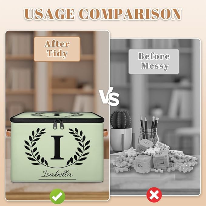 Custom Storage Bins with Lid Initial Name Personalized Storage Basket Boxes Eucalyptus Leaves Foldable Closet Organizer Cube Sage Green