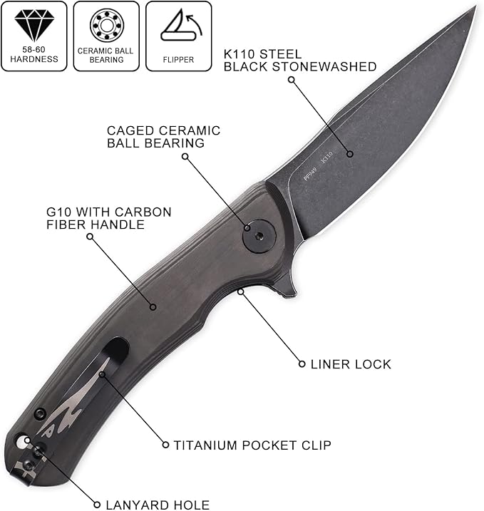 Petrified fish K110 Steel 949 Folding Knife G10 Handle Ceramic Ball bearings Camping Hunting Knives EDC tool (Black Stonewashed withCarbon fiber)