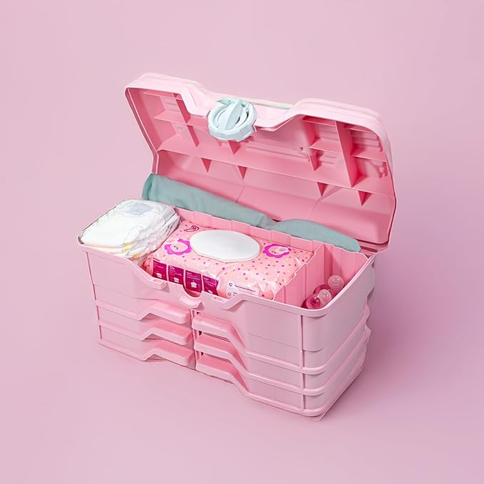 Best Kept | Portable Carrying Case | Diaper Caddy Organizer | Plastic | Portable Storage Box | Baby Shower For Girl | Newborn Essentials Must Haves | Baby Pink