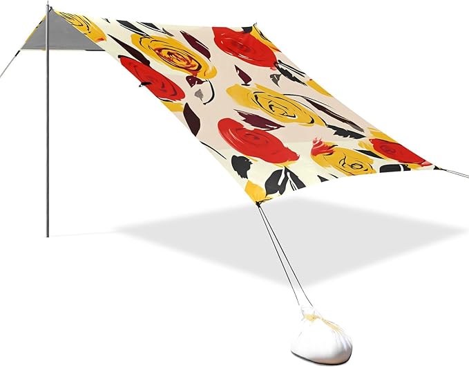 ALAZA Yellow &amp Red Rose Flowers Beach Tent Sun Shelter UPF50+ Protection Beach Shade Canopy w/ 4 Sandbags for Outdoor Camping Fishing Backyard Fun Picnic 10x9 ft