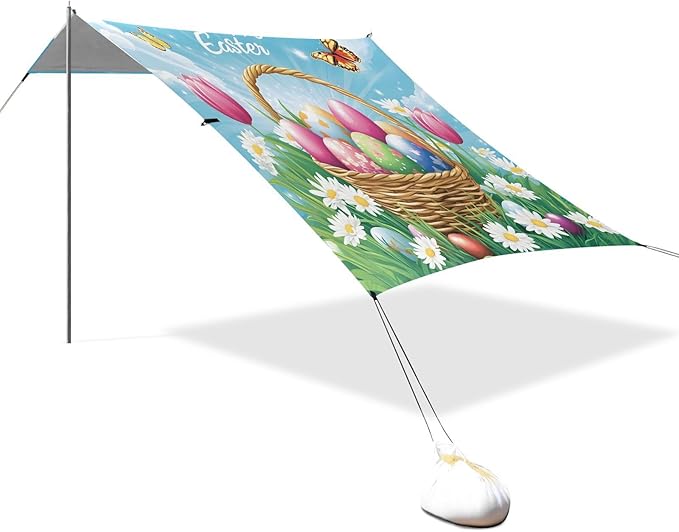 Spring Easter Eggs Beach Tent Sun Shelter Set UPF50+ UV Protection 10.5 x 9.19 FT Camping Shade Canopy with Sandbags Sand Anchors Carrying Bag and Others